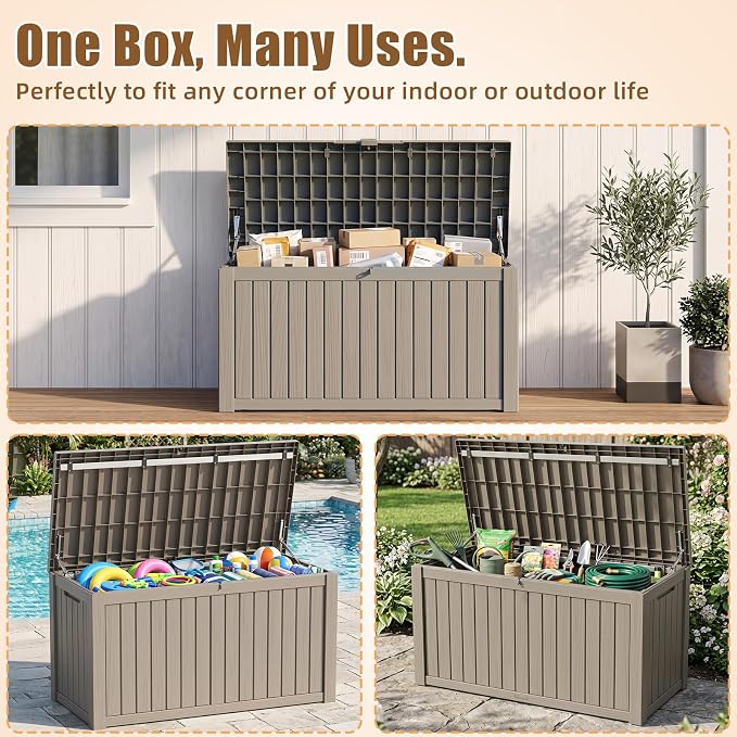200 Gallon Outdoor Storage Box, Large Resin Deck Box, Waterproof Lockable Storage Container Bins Reinforced Stabilityfor Patio, Garden and Poolside, Grey