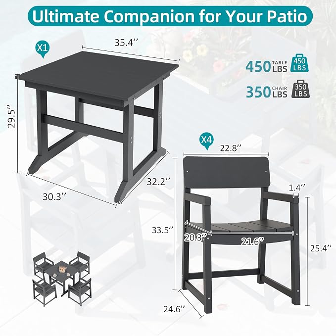 JAMFLY 5 Piece Outdoor Dining Set, All Weather Patio Table and Chairs for Backyard Garden Deck Lawn Pool, Sturdy All Weather Outdoor Furniture Set, Grey