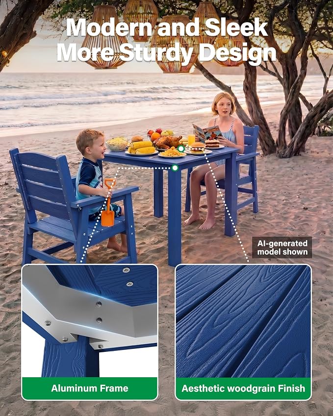 YEFU 3-Piece Outdoor Table and Chairs ：All-Weather HIPS Patio Dining Sets for 2 Easy Assembly Outdoor Dining Set - Square Wood Grain Patio Furniture Set for Backyard Garden Deck Poolside（Navy）