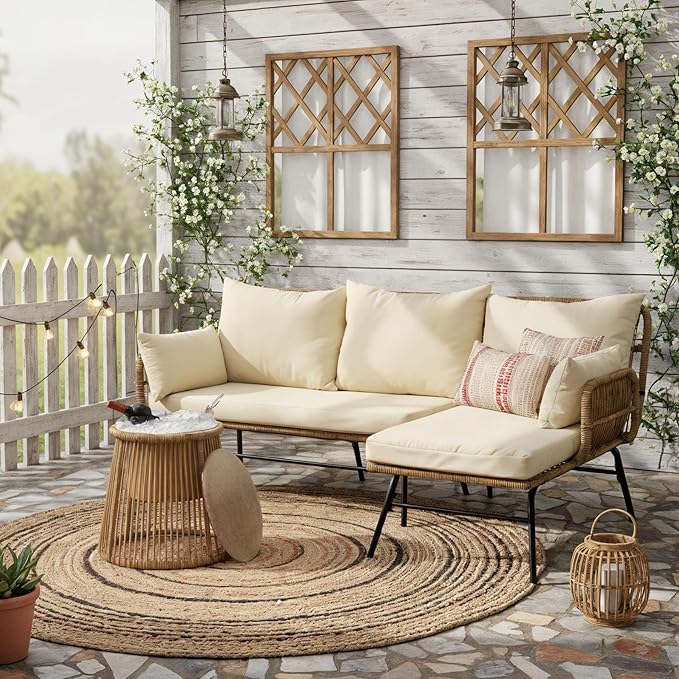 BULEXYARD 3 Pcs Boho Outdoor Patio Furniture Sets, L Shaped Natural Color Wicker Conversation Sectional Sofa w/Cozy Beige Cushion & Ice Bucket for Backyard, Porch, Deck, Garden, Balcony