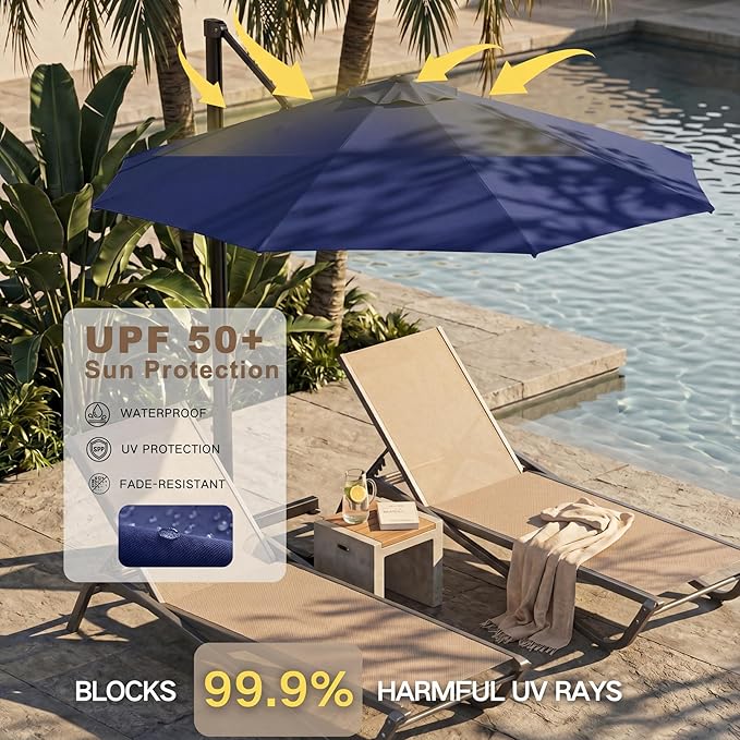 Kingdura 9ft Cantilever Patio Umbrella with Base Included & Solar Lights, Large Round Metal Outdoor Offset Umbrella with 360-degree Rotation, 4 Position Tilt, UV Protection for Pool Deck Patio (Navy blue)