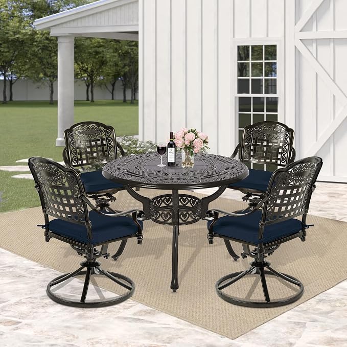 5 Piece Patio Dining Set, Outdoor Table and Chairs Set for 4 Cushioned Swivel Rocking Chairs and 38.5'' Round Table, All-Weather Cast Aluminum Patio Funiture Set, 2'' Umbrella Hole, Navy
