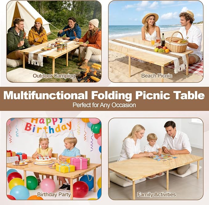 Low Picnic Table 60x30, Portable Folding Floor Table | Adjustable height wood table with boho runner, mortise-tenon joints, folds flat for beach picnics, camping, parties