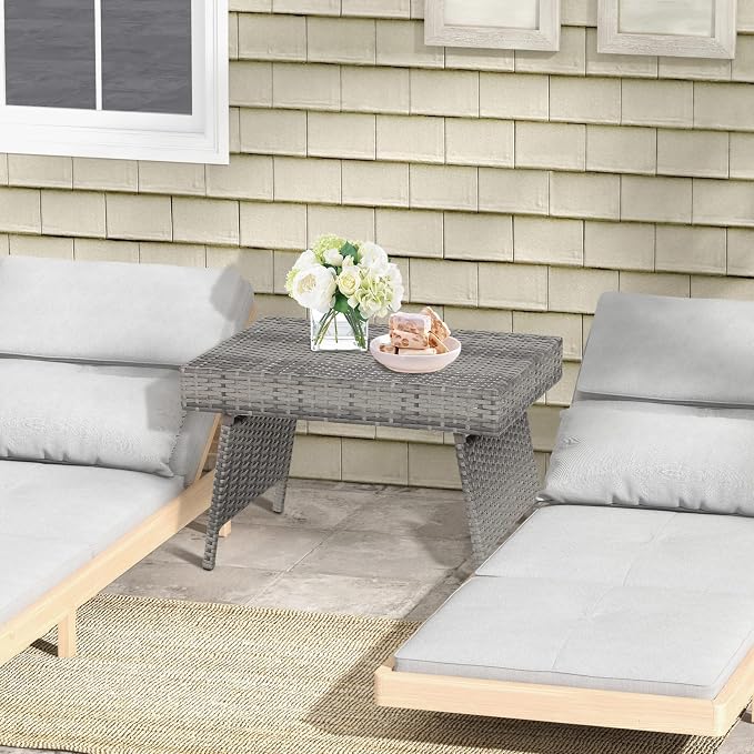 HAPPYGRILL Outdoor Wicker Table Folding Rattan Standing Coffee Side Table for Patio Lawn Bistro Poolside Garden