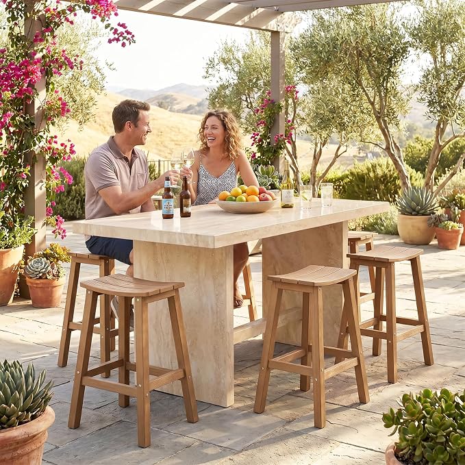 Stoog All-Weather Bar Stools Set of 2, 28" Outdoor Barstools with 400 lbs Capacity, Realistic Wood-Grain Texture, for Bar, Kitchen Counter, Pool & Patio, Teak
