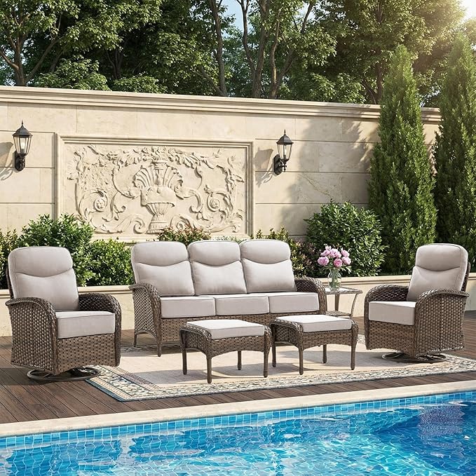 High Back Luxury Patio Furniture Set with 6-inch Thick Cushion, Swivel Rocker Patio Chairs with Outdoor Couch, 6 Piece Wicker Conversation Set for Deck Yard Garden Balcony Beige Cushion