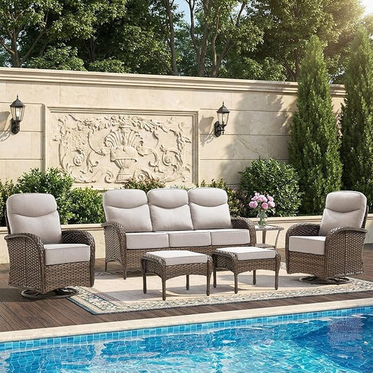 High Back Luxury Patio Furniture Set with 6-inch Thick Cushion, Swivel Rocker Patio Chairs with Outdoor Couch, 6 Piece Wicker Conversation Set for Deck Yard Garden Balcony Beige Cushion
