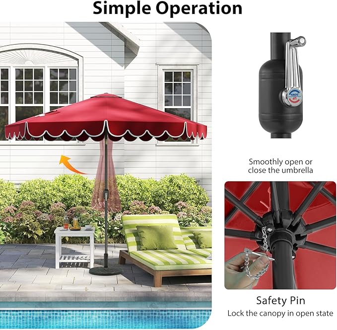 HAPPYGRILL 10 FT Patio Umbrella, Market Table Umbrella w/Crank, Push Button Tilt, Ruffled Edges, Vented Top & 8 Ribs, Outdoor Sun Shade for Poolside Backyard Beach