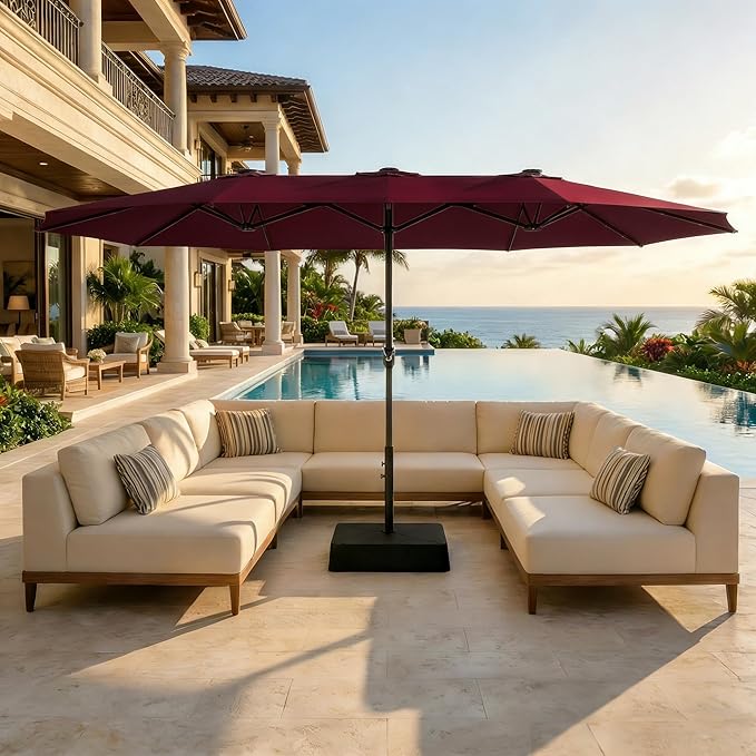GarveeLife 15 ft Large Patio Umbrella with Lights, 36 LED Lights Double-sided Patio Umbrella with Weighted Base for Poolside Garden Backyard