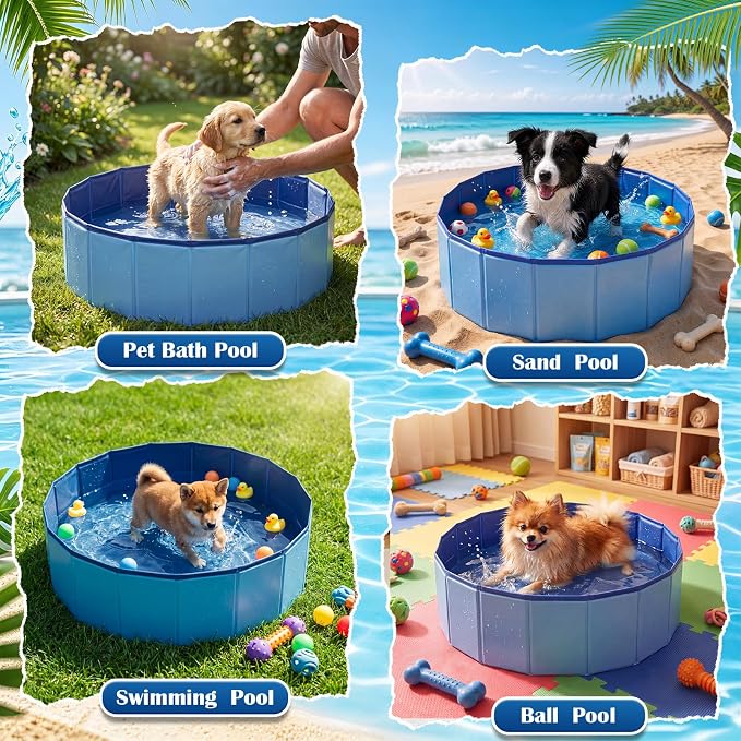 Chunful Blue Foldable Dog Pool with Storage Bag, Pet Swimming Pool Hard Plastic Portable Bath Tub for Dogs, Cats, Backyard, Beach, and Summer Play, Indoor & Outdoor Use (31.5" X 12")