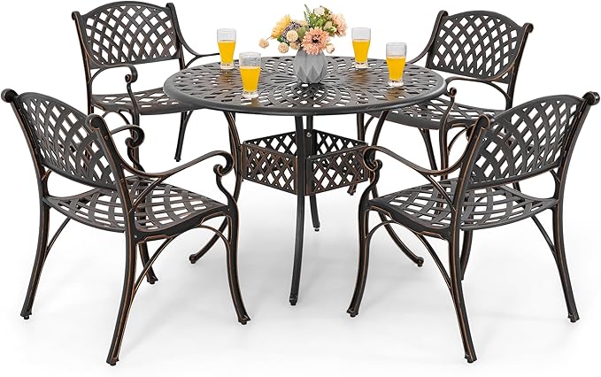 NUU GARDEN Outdoor 5-Piece Patio Dining Set, 4 Patio Chairs and 42'' Round Dining Table with 2.24" Umbrella Hole, Cast Aluminum Frame, for Patio, Deck, Garden, Backyard, Balcony, Antique Bronze