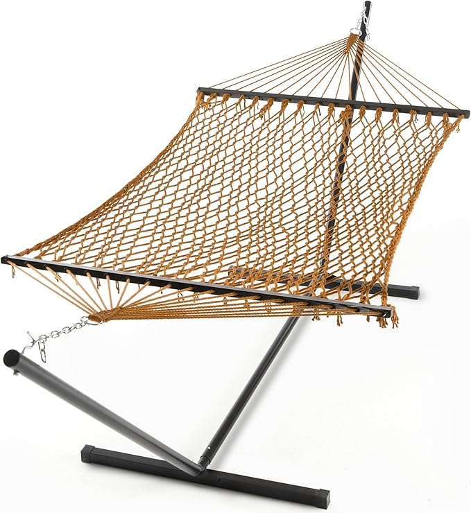 PNAEUT Double Rope Hammock with Stand Included, 12ft Heavy Duty Stand, 2 Person Traditional Cotton Rope Hammocks with Pillow for Outside Porch Patio Backyard Outdoor, Max 475lbs Capacity (Coffe)