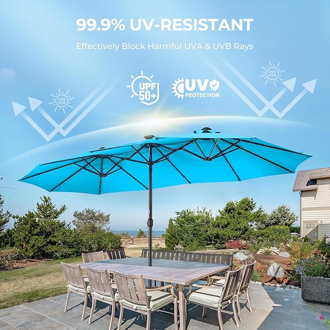 HOMSHADE Double Sided Patio Umbrellas - 15ft Solar Lights LED Lighted Outdoor Extra Large Market Table Umbrella with Base Included, Oversized Umbrella for Deck, Pool, Backyard