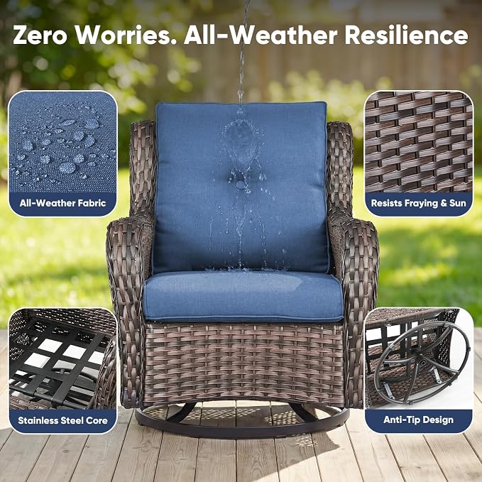 Belord Patio Furniture Set with Fire Pit Table,8 Piece Wicker Outdoor Furniture Set, Swivel Rocker Chairs with Ottomans and Loveseat, All Weather Patio Conversation Set, Pool,Yard, Brown Wicker/Blue