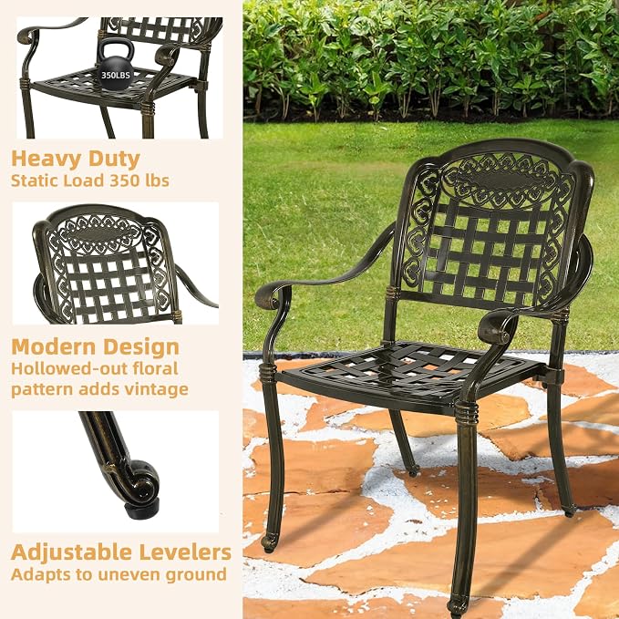 9-Piece Patio Furniture Dining Set, All Weather Cast Aluminum Outdoor Conversation Set- 61" Round Patio Dining Table with Detachable Lazy Susan & 8 Chairs, 2" Umbrella Hole, Dark Bronze