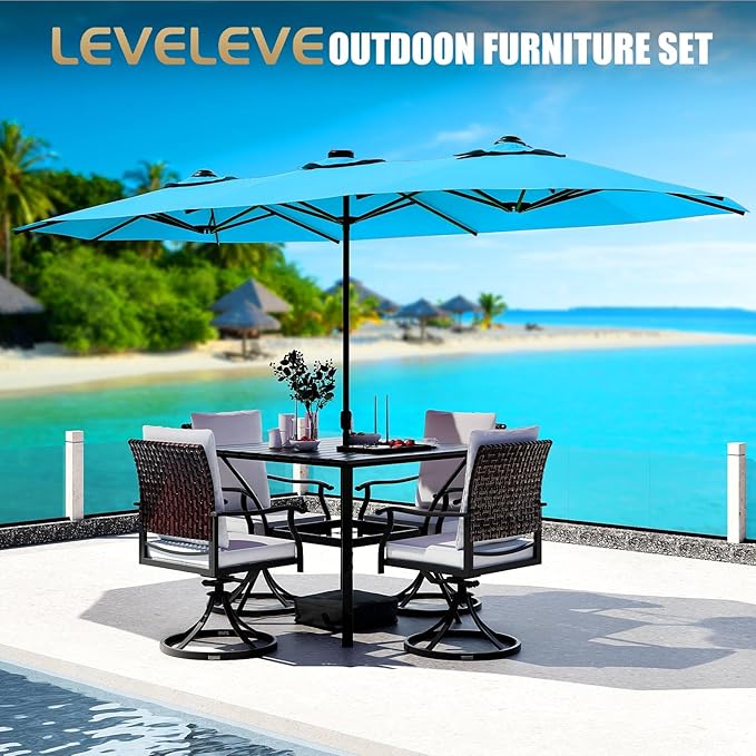 CHABATREE 15FT Double-Sided Patio Umbrella with Base Included, Large Outdoor Rectangular Market Umbrella for Backyard, Poolside, Lawn & Garden, Lake Blue