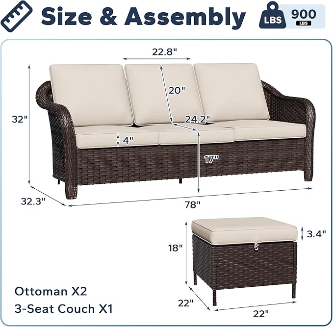 Outdoor Sectional Couch Set | 78" 3-Seat Couch with 2 Ottomans, Patio Conversation Furniture Set, Outside Wicker Furniture with Washable Cushions (Beige)