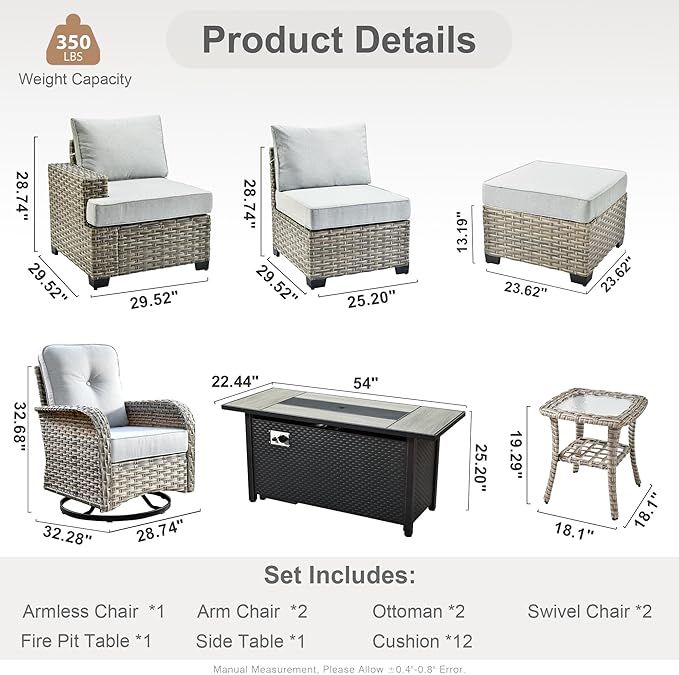 9 Pcs Outdoor Sectional Patio Furniture Set with Fire Pit Table and Swivel Rocking Chairs - All Weather Wicker Modular Outside Sectional Sofa Couch,Patio Seating Outdoor Conversation Sets,Grey