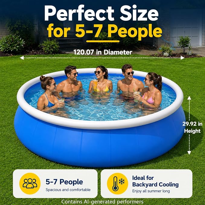 10 FT Inflatable Swimming Pool for Family, Round Blow Up Pool for Adults, Garden/Lawn, Foldable Storage,Strong and Durable, No Assembly