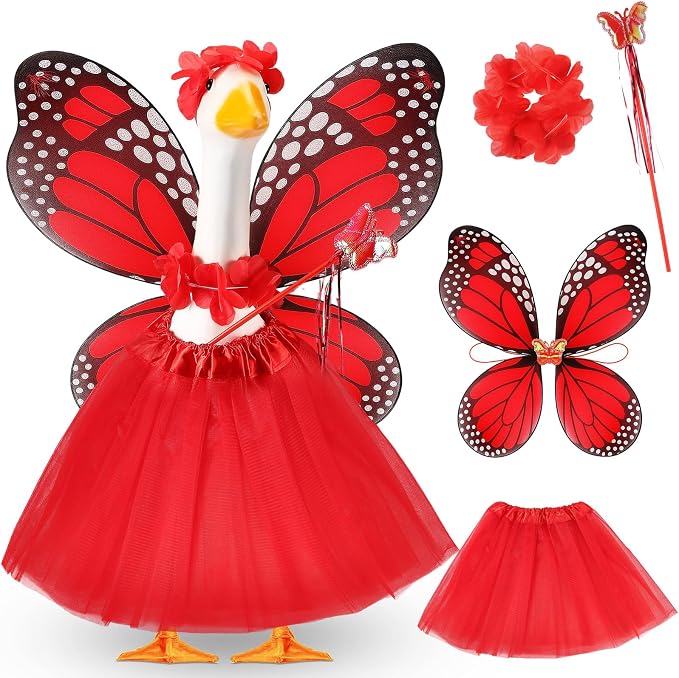 5pcs Butterfly Porch Goose Outfit Costume Tutu Skirt Butterfly Wing Wand Flower Crown for 17‘' 23‘' Cement Goose