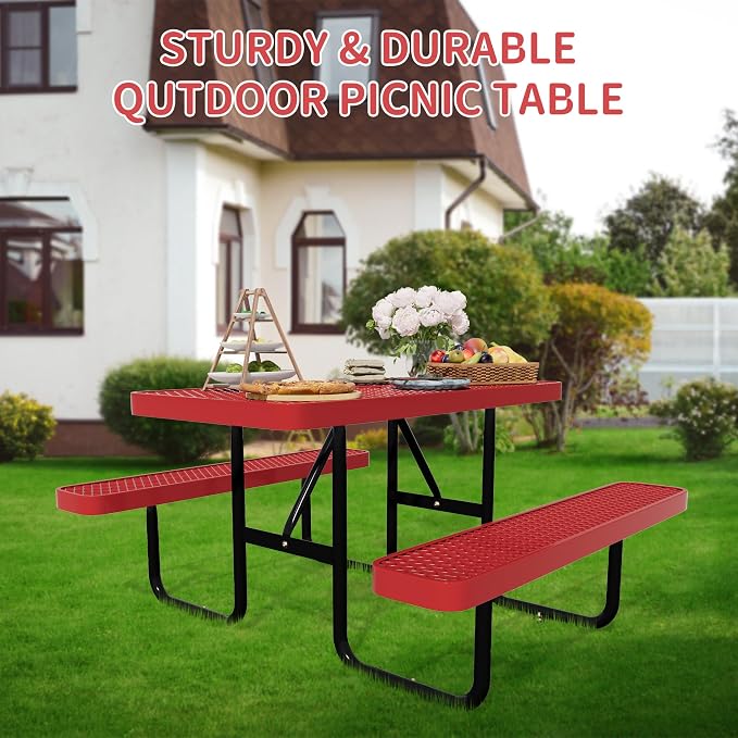 4FT Rectangular Steel Outdoor Picnic Table,Commercial Red Picnic Table Bench Set with Umbrella Hole, Weather-Resistant Heavy Duty School Dining Table for Patio, Garden, Backyard