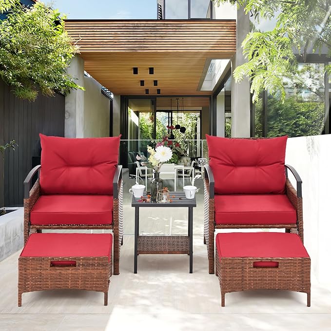 AVAWING 5 Pieces Patio Furniture Set, Outdoor Rattan Chairs with Metal Coffee Table, Ottomans & Soft Cushions, Wicker Conversation Bistro Set for Garden, Porch, Deck, Balcony (Red)