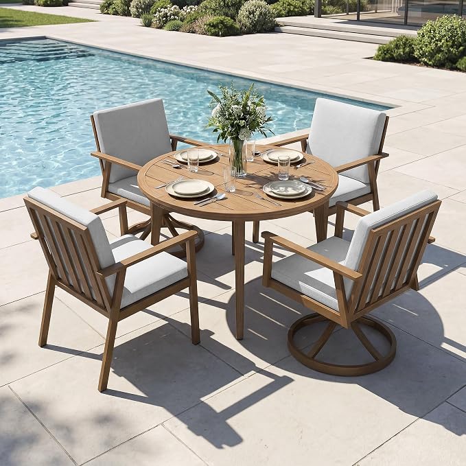 5-Piece Round Outdoor Dining Set, Never-Rust Aluminum Outdoor Table and Chairs Set, 41" Round Dining Table with 2 Swivel Dining Chairs, Modern Patio Dining Set for Garden, Deck, Yard, Teak