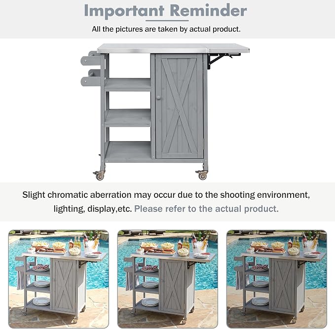 Fold-able Outdoor Storage Box with Stainless Steel Worktop, Fir Wood Patio Storage Cabinet with Lockable Wheels and Towel Rack, 40 Inch Deck Box for Grilling and Garden Tools, Grey