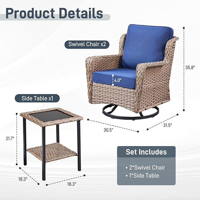 3 Piece Patio Furniture Set, Outdoor Wicker Swivel Chair Set with Side Table, All-Weather Cushioned Patio Conversation Set for Small Spaces, Porch, Balcony,Blue