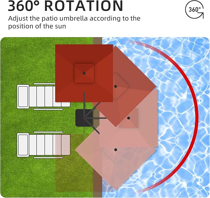 JZAC & QZYD 9x9 FT Outdoor Cantilever Patio Umbrella with Base Included and Solar LED Lights, Large Heavy Duty 2-Tier Square Aluminum Offset Umbrellas with 360-Degree Rotation for Pool Deck, Red