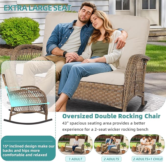 MEETWARM Outdoor Wicker Loveseat Rocking Chair, Loveseat for 2 Person Porch Furniture Rocker with Glass-Top Coffee Table, All-Weather Rattan Patio Rocking Bench with Thickened Cushions, Brown