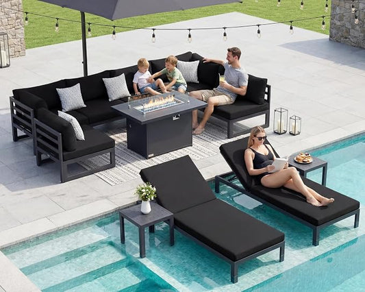 RADIATA 11 Pcs Extra Large Modern Aluminum Outdoor Furniture Set with Lounger & Fire Pit Table, 29 inch Deep Wide Couch Set, 500 lbs Heavy Duty Comfortable Patio Sectional Sofa for Edge of Pool, Black