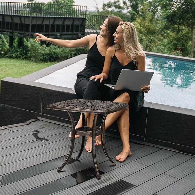 Cast Aluminum Outdoor Patio End Table,21.3" Cast Aluminum Outdoor Side Table, All Weather Patio Side Table End Table for Patio, Porch, Deck, Garden, Bronze (Square)