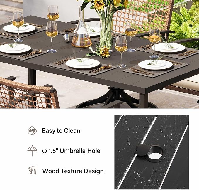LAUSAINT HOME Outdoor Dining Table for 6, Rectangular Table with Umbrella Hole, Weather Resistant Heavy Duty Metal Frame Table for Lawn Garden Backyard, L63 xW37 xH29