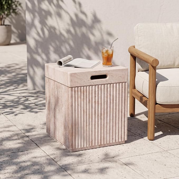 Christopher Knight Home Livia 20.28" Tall Outdoor Square Accent Side Table, Patio Decorative End Table with Fluted Design, MGO Garden Stool for Patio Living Room Balcony & Garden Decor, Travertine