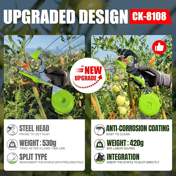 Cekegon Plant Tying Machine, 420g Tapener Tying Tool Plant Tying Tool with 10000pcs Staples 20 Rolls Tape (Green)