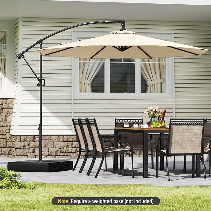 Tangkula 10 FT Patio Offset Umbrella, Hanging Cantilever Umbrella w/X-shaped Base & 360° Rotation, Smooth Crank Handle, Vented Top, Outdoor Market Umbrella for Backyard, Deck (Beige)
