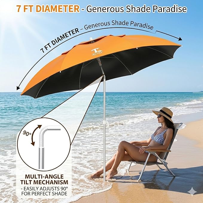 7ft Beach Umbrella, Portable Wind Beach Umbrellas for Sand with Anchor and Carrying Bag, UPF50+ UV Protection Outdoor Sunshade Umbrella,Tilt Sun Shelter for Beach Patio Backyard