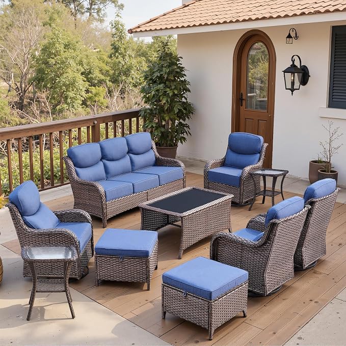 Belord Luxury 6" Thick Cushioned 10 Pieces Patio Furniture Set with Outdoor Couch, Wicker Outdoor Conversation Set with High Back Swivel Rocker Chairs for Deck Porch Yard and Poolside - Brown+Blue