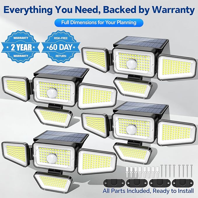 Solar Lights Outdoor, 3000LM Solar Powered Motion Sensor Light, IP65 Waterproof Security Flood Light with 3 Modes, 16-26FT Detection, 6.5-10FT Mounting Height for Wall, Garage, Yard (4 Pack)