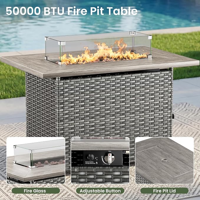 Luxury Patio Furniture Set with 6-inch Thick Cushion, Outdoor Furniture with Fire Pit Table, Swivel Chairs, Sofa, Side Table, Ottomans, 9pcs Wicker Conversation Set Grey Wicker | Blue Cushion