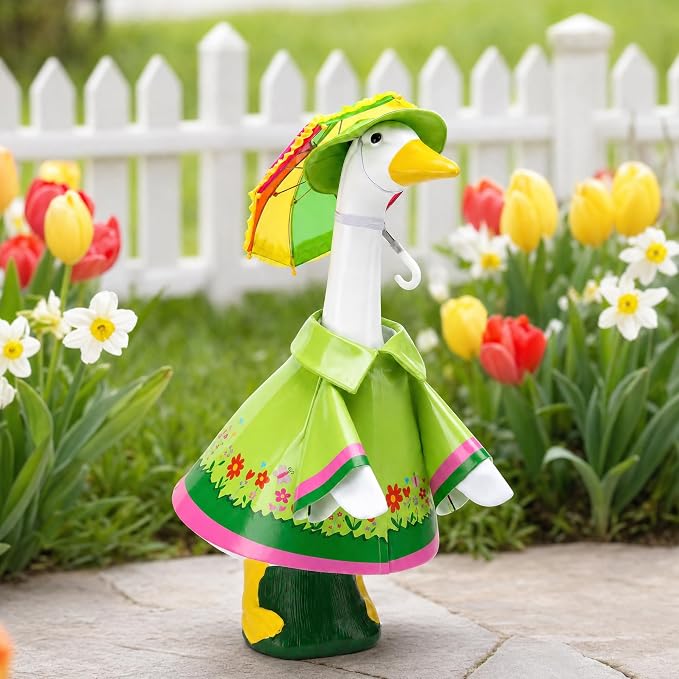 DECOHS 3 Pcs/Set Raincoat Porch Goose Outfits, Summer Lawn Goose Statue Costume with Rainbow Umbrella and Hat, Yard Geese Clothes for 23" Statue Patio Garden Decoration (Fresh Green)