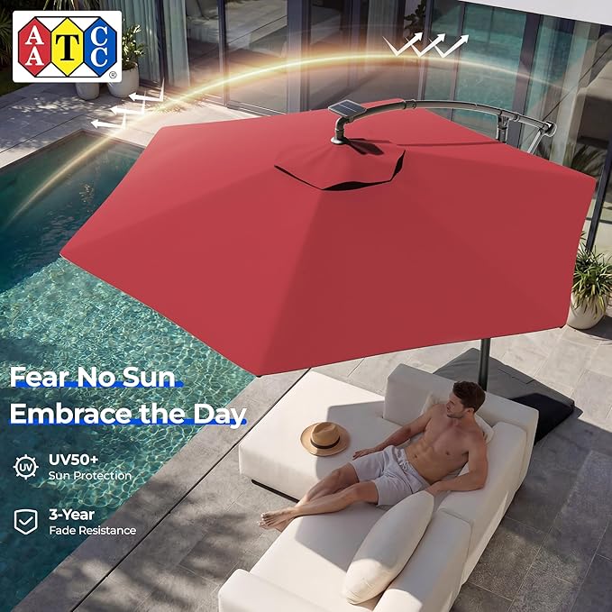 HOMSHADE 10FT Offset Patio Umbrella with Solar Lights, Outdoor Patio Umbrella with Base Included, Easy Tilt and UPF50+ Cantilever Market Hanging Umbrellas for Pool, Deck, Garden, Patio (Red)