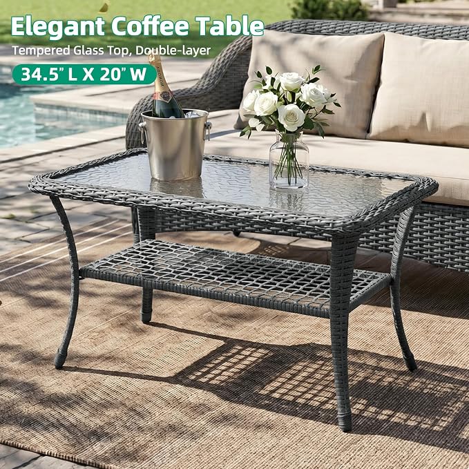 VIVIJASON Outdoor Wicker Coffee Table, All-Weather Rattan Patio Coffee Table with 2-Tier Storage, Tempered Glass Top Rectangle Center Table for Deck, Garden, Balcony, Indoor or Outdoor Use, Gray