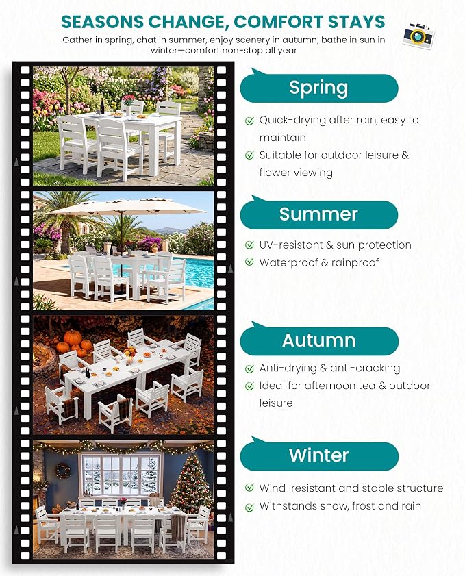 SERWALL 59" Patio Dining Set for 8, HDPE Dining Set, White | Include 2 Rectangular Tables and 8 armless Chairs, All Weather Dining Sets for Garden, Backyard