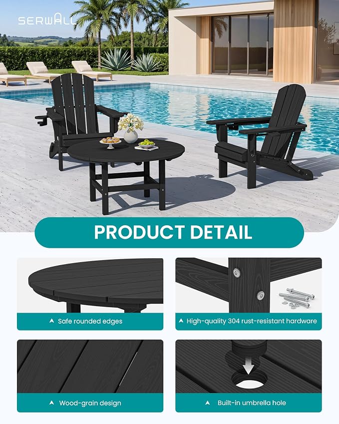 SERWALL 5-Piece Outdoor Furniture Set, Round Coffee Table with Umbrella Hole & Adirondack Chairs with Cup Holders, Black