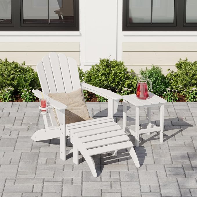 Costaelm Lakeview 3-Piece Adirondack Chair with Cup Holder and Folding Ottoman and Table Set, White