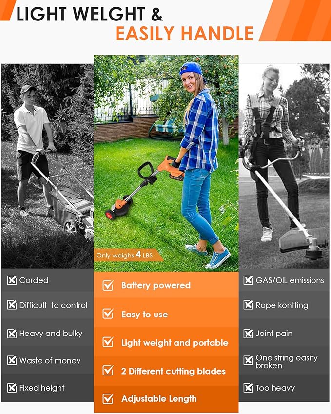 21V Cordless Weed Wacker, 2-in-1 Electric Weed Eater Battery Powered with Wheel and Blade, Stringless Grass Trimmer for Garden Yard, 90° Collapsible