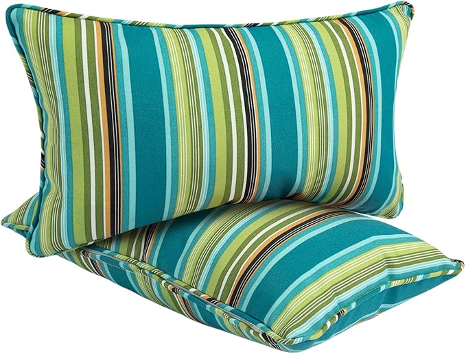 Outdoor Lumbar Pillows Water Resistant 12x20 inch,Decorative Throw Pillow Set of 2 with Insert,Hidden Zipper Headrests for Patio Furniture Sofa Couch Chair(Green Stripe)