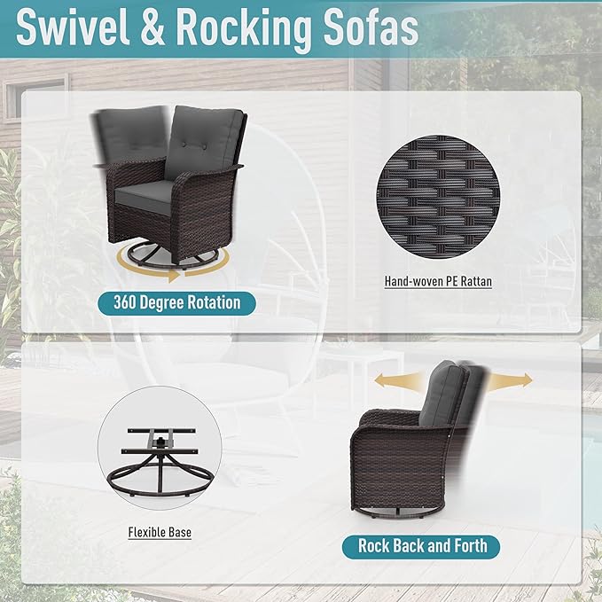 ALAULM 10 Pieces Patio Furniture Set with 2 Swivel Chairs Wicker Patio Conversation Set, Outdoor Sectional Furniture w/Coffee Table & Washable Seat Cushions-Grey